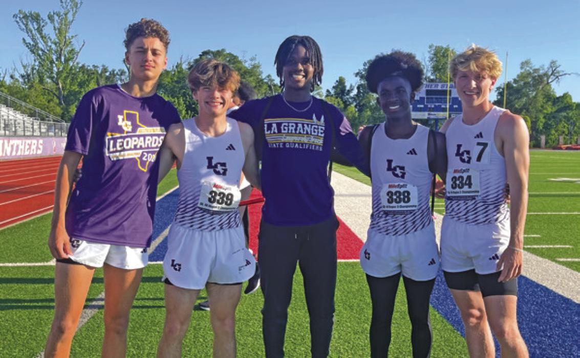 The La Grange 4x400 relay team which placed fourth at regionals, left to right: Graham Youens, Isaac Odem, Le’Kayvion Broussard, Jordyn Murray and Austen Diggs.