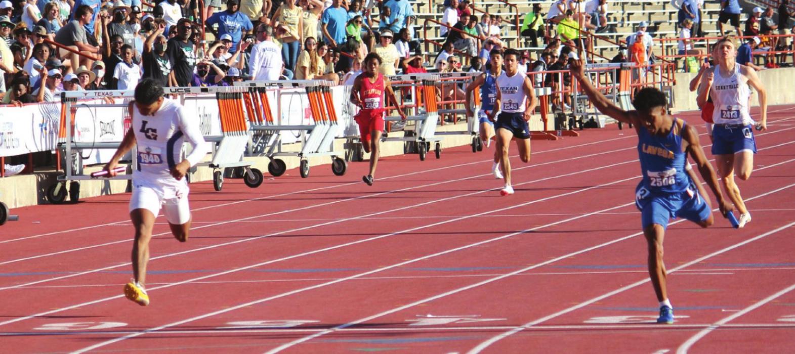 This photo shows just how close the end of the 4x200 relay was as La Grange’s Bravion Rogers, left, crosses the finish line about the same time as Waco La Vega’s Jesse Majors-Sterling. Both are way ahead of the rest of the finishers. Photos by Jeff Wick