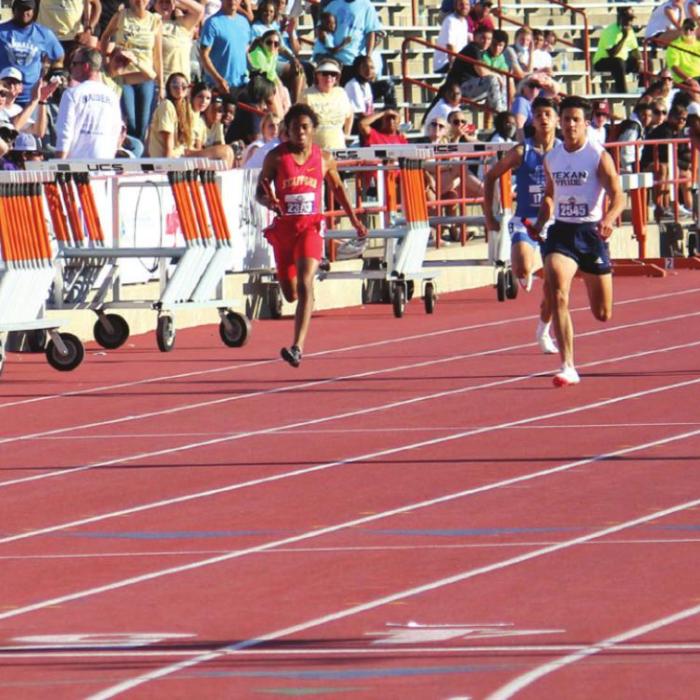 This photo shows just how close the end of the 4x200 relay was as La Grange’s Bravion Rogers, left, crosses the finish line about the same time as Waco La Vega’s Jesse Majors-Sterling. Both are way ahead of the rest of the finishers. Photos by Jeff Wick