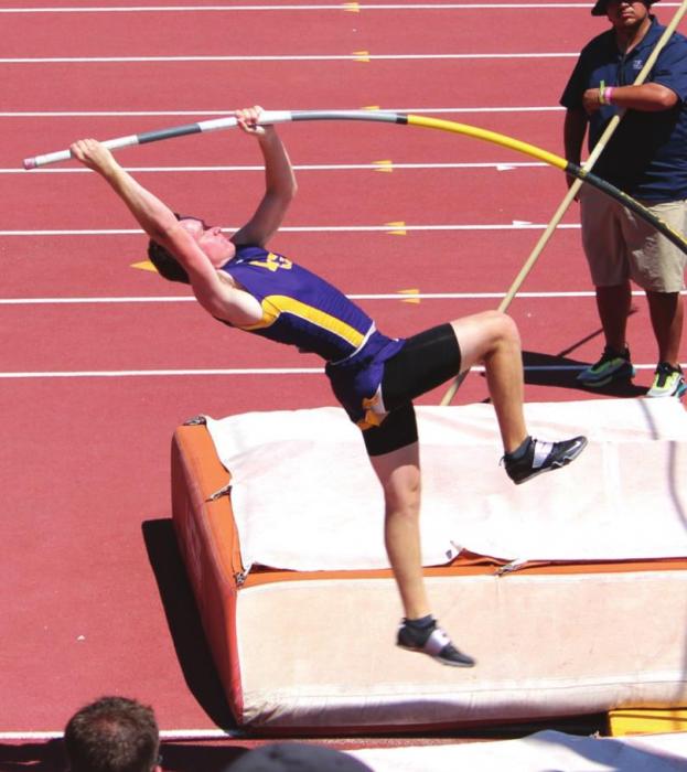 La Grange’s Dylan Truss on his way to silver in the 4A boys pole vault Thursday.