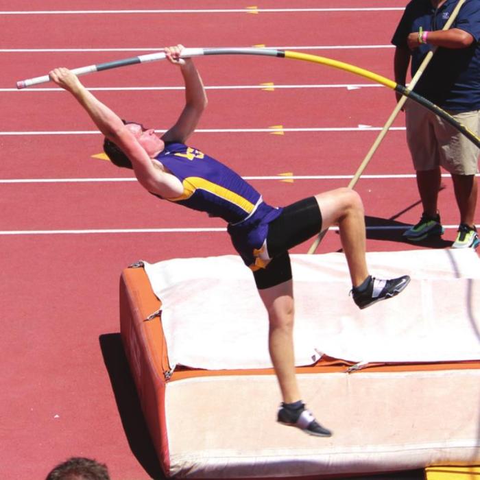 La Grange’s Dylan Truss on his way to silver in the 4A boys pole vault Thursday.