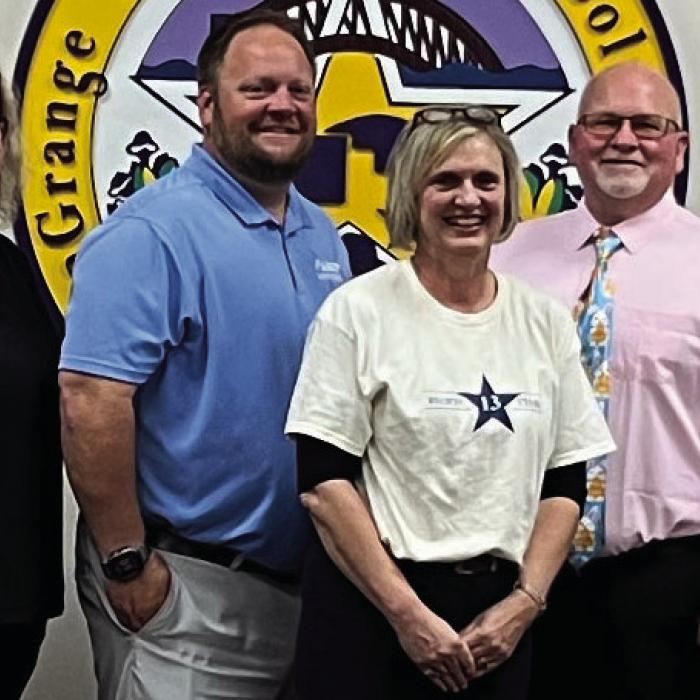 Pam Keilers was recognized at Monday night’s LGISD board meeting for the Star Teacher of the Month award that she received from Region 13 recently. Pictured here are board members Mary Gunn, Karen Roberts, Anthony Wessels, Keilers, Gary Drab, and Calvin Mersiovsky. Photo by Regina Keilers