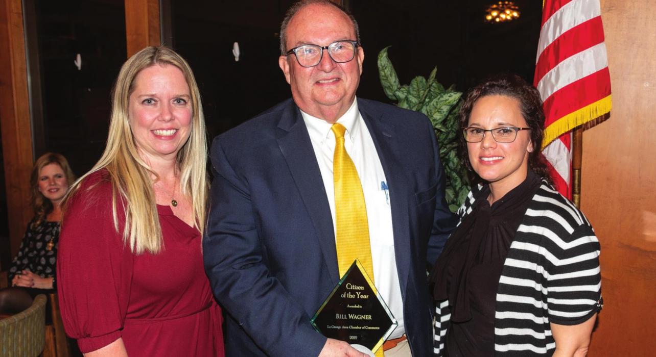 The La Grange Chamber of Commerce Citizen of the Year Award went to La Grange ISD Superintendent Bill Wagner (center). Presenting the award were Chamber Board Chairwoman Mindy Davis (left) and Chamber Operations Director Jamie Fabre (right). Photos by Andy Behlen
