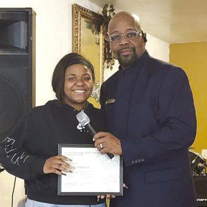 Kyah Powell was recently awarded the James W. Carlton Community Memorial Scholarship in the ammount of $500. The scholarship is sponsored by St. Paul M.B. Church of Weimar. Presenting the scholarship to Kyah was Pastor Walter S. Walker.