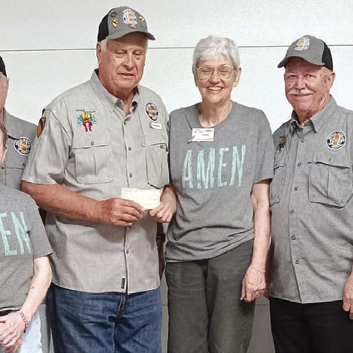The Vietnam Veterans of America Chapter 870 made a generous donation to the AMEN Food pantry on Monday, April 28. Pictured left to right: George Allen Rainosek, Mary Lou McElroy, Roy Behler, Pat Lyons, Susan Schultz, Andy Janda, and Charlie Murray.