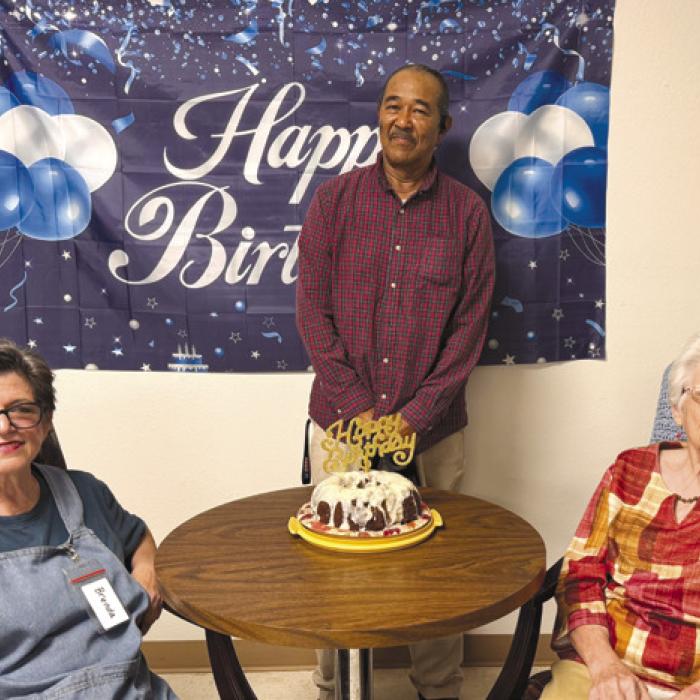 June birthdays were celebrated with Brenda Ray, Joseph Collins, and Clara Christ, who were there for the photo with the cake baked by our secret baker.