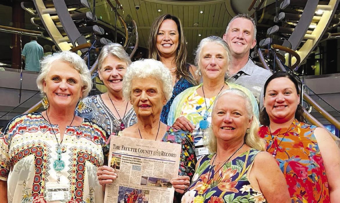 The Fayette County Record traveled to the Western Caribbean via the Voyager of the Sea. Family members traveling were from left: Debra Blansitt, daughter, Diane Vining, daughter, Joyce Schramek, mother, Theresa Ellis, granddaughter in law, Karen Ross, daughter, Lorie Kutach, daughter, Russell Ellis, grandson and Chelsea Kutach, granddaughter.