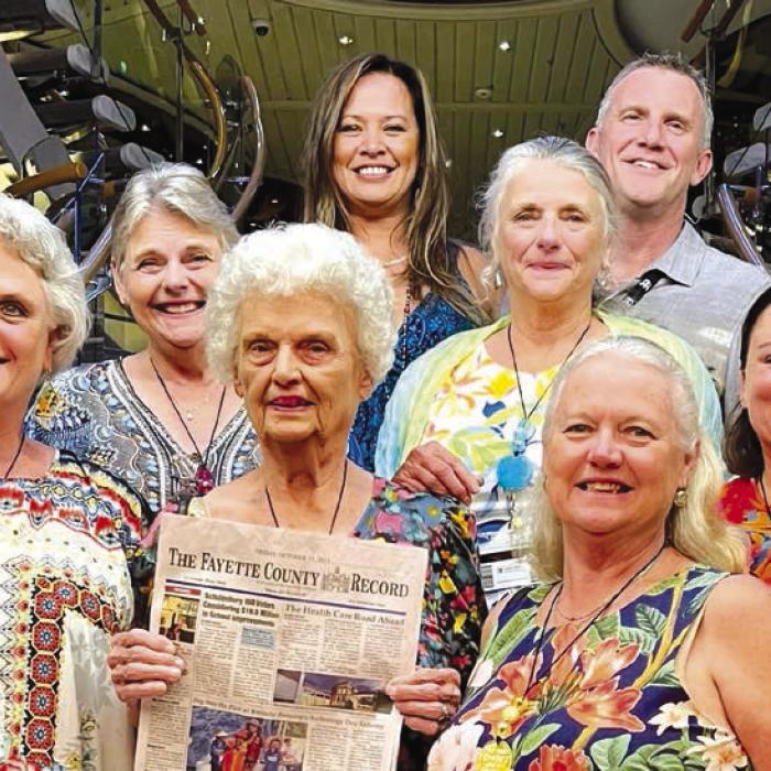 The Fayette County Record traveled to the Western Caribbean via the Voyager of the Sea. Family members traveling were from left: Debra Blansitt, daughter, Diane Vining, daughter, Joyce Schramek, mother, Theresa Ellis, granddaughter in law, Karen Ross, daughter, Lorie Kutach, daughter, Russell Ellis, grandson and Chelsea Kutach, granddaughter.