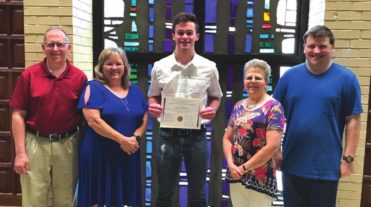 The Beatrice and Charles Novak Memorial Scholarship was awarded to Jeffrey Recek, son of Michelle and Marcus Recek. The memorial family presenters were from left, Mark and Sharon Novak, Cynthia Novak and Zach Novak.