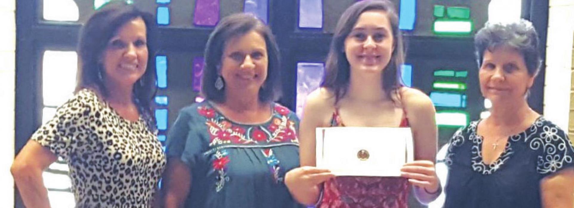 The Ruby Lee and Allen Faldyn, Sr. Memorial Scholarship was awarded to Haley Driskell, daughter of Melissa and Chris Driskell. The memorial family presenters were from left, Marilyn Freedman, Betty Weyand and Doris Citzler.