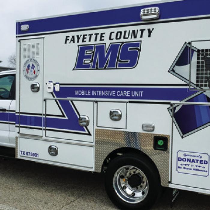 Fayette County EMS received a new Frazer ambulance last week. This ambulance cost about $310,000 and was paid for by in part a generous donation made by Steve Hillhouse in 2023. Photo by Andy Behlen