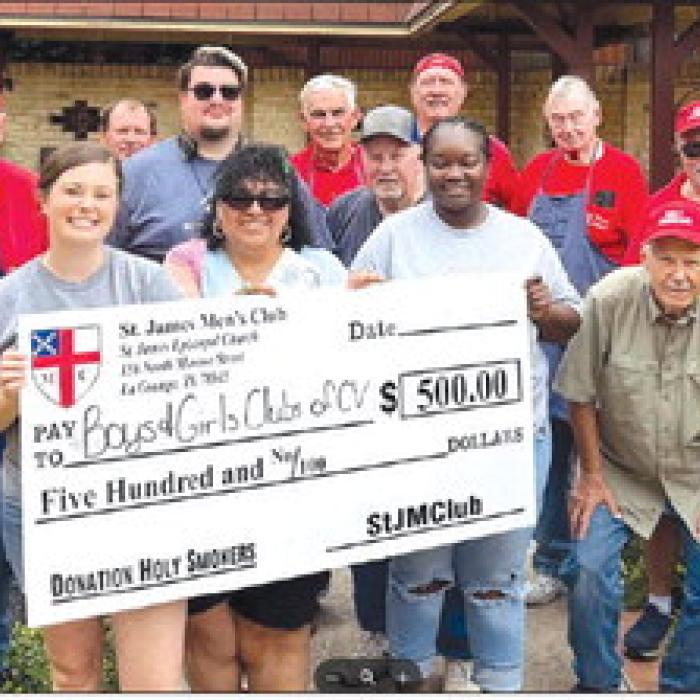 The St. James Men’s Club, Holy Smokers, cooked for the Boys and Girls Club of Champion Valley. Pictured (front, from left) are Jennifer Owens, Executive Director; Maria Ortiz-Verde, Columbus Director; Anita Cook, Weimar Director; Dan Boyles; back row: Bill Rugeley, Jason Krupala, Brian Novak, Club Coordinator, Jim Gilley, Mike Parrish, Larry Kahanek, Paul Crain, and Jim Malik.