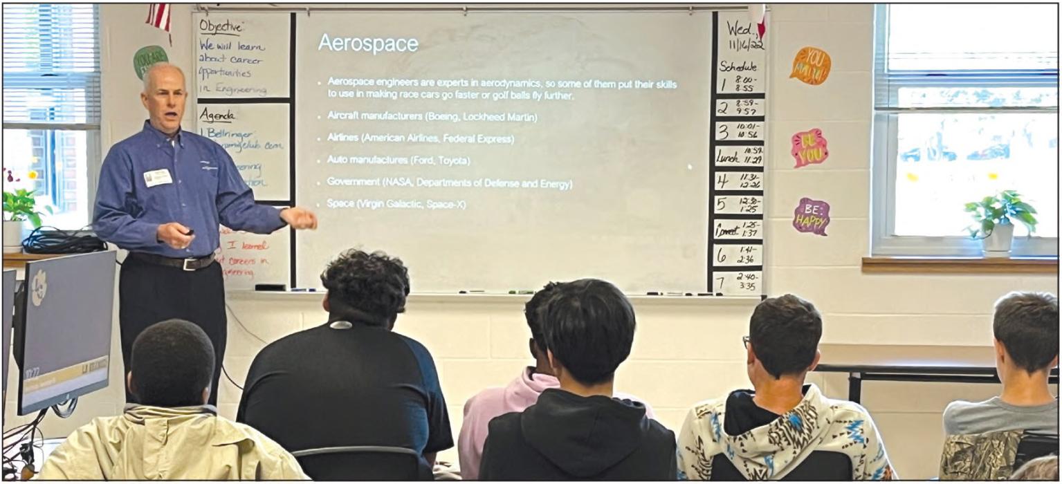 Texas A&amp;M Engineering Department board member, Tim Pylant, speaks to Kim Newton's middle school students about STEM careers on Nov. 16.
