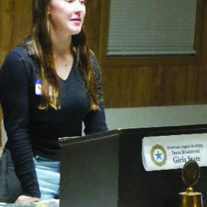 The 2024 Texas Girls State Convention attendee Hailey Johnson speaks to the American Legion Post No. 338 and the Ladies Auxiliary Post at their meeting held on Dec. 5.