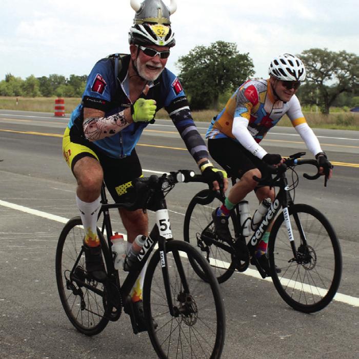 Yes, this rider did have a plastic Viking helmet zip-tied to the top of his regular cycling helmet as he approached La Grange.