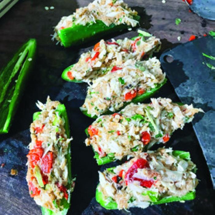 Jalapeno poppers with homemade crab stuffing.