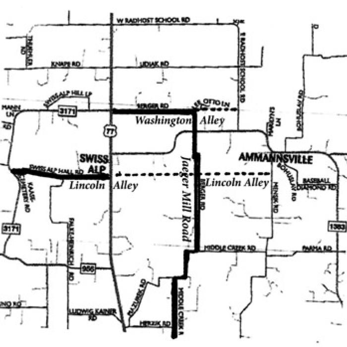 The former locations of Washington and Lincoln Alleys on this map are highlighted with darker horizontal lines. The darker vertical line indicates the location of the old Jaeger Mill Road.
