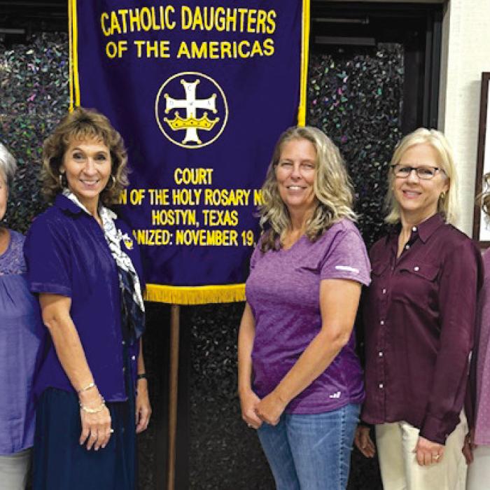The Catholic Daughters of Queen of the Holy Rosary, Court No. 2282 of Hostyn, welcomes a new slate of Officers for 2024–2026. Pictured from left are Barbara Mach, Recording Secretary; Brenda Fietsam, Vice-Regent; Sarah Koehl, Regent; Clara Smith, Financial Secretary; and Donna Rebecek, Treasurer. Not present is Fr. Eddie Winkler, Chaplain.