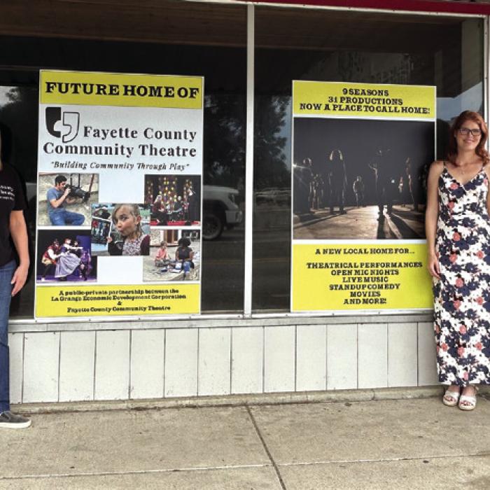 Left to Right in front of the new theatre site: City Manager Jack Thompson , FCCT Executive Director Heather Barthelme, FCCT Operations Manager Melanie Lira, FCCT Board of Directors President Kristen Denham, Main Street Manager/Department of Community Development Supervisor Caleb Parks.