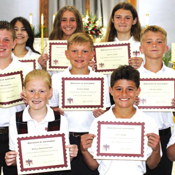 The following students attained High Honor Roll Each nine weeks for the school year: Pictured from front left is: Clare Besetzny, Briley Hartensteiner, Cal Schiffli, Abraham McBride; middle row: Bo Brossmann, Holden Holub, Weston Hollas; back row: Lillia Wotipka, Jenna Guentert, and Valerie Sedlar.