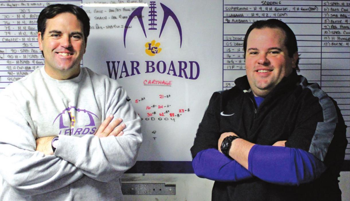 This is a photo before La Grange’s state semifinal game in 2013. La Grange head football coach Matt Kates is on the left. His younger brother Will Kates is on the right. Record file photo