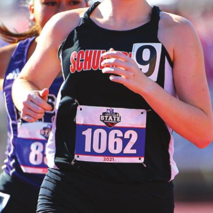 Schulenburg’s Taylor Limbaugh running in the Class 2A 1600 meters Friday. Photo by Scott Coleman