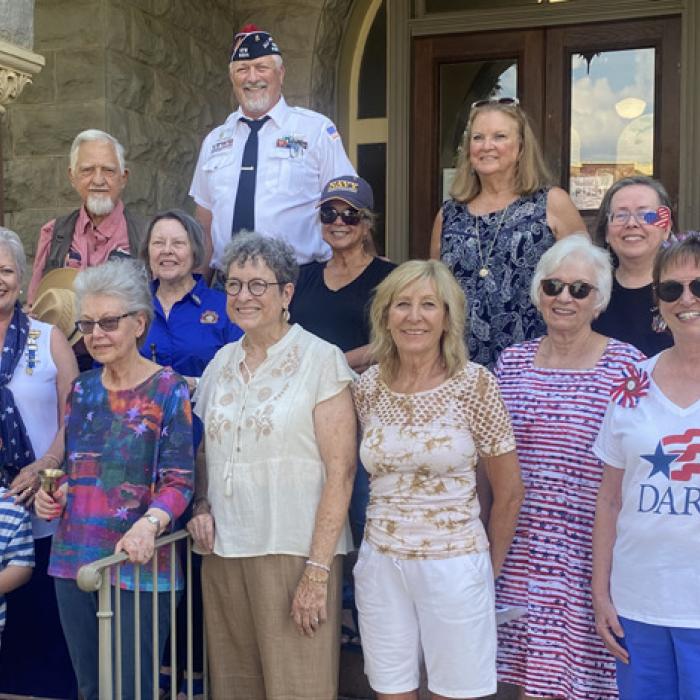 Smith-McMillan Chapter, DAR hosts “Ringing of the Bells” Ceremony with a Proclamation from Honorable Judge Dan Mueller celebrating Constitution Day, Sept. 17 and Constitution Week 2025. Pictured left to right: bottom row: Smith-McMillan Chapter Chaplain, Sherry Hebert with grandson, Andrew Stewart; DAR members Kay Marburger, Lois Wink, Jackie Head, Treasurer; Carolyn Caflisch, Regent; Kathy Shatte, Vice-Regent and Constitution Week Chairman; and VFW #5254 Chapter member Scott Jones; second row: VFW Auxiliar