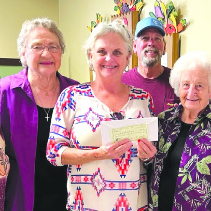 SPJST Lodge 8, Weimar made a monetary donation to the Schulenburg Area Food Pantry. Pictured from left: Becky Jares, Carolyn Tobola, Lodge members, Debra Blansitt, SAFP president, Gerald Smith, pantry volunteer, Henrietta Veselka, Lodge member and Debbie Behlen, pantry volunteer.