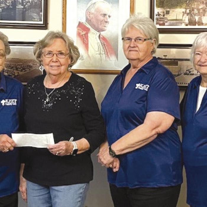 St. Anne’s Society No. 10, Fayetteville, presented a check to St. John’s Alter Society from proceeds from their bake sale. The donation was matched by the KJZT Family Life. Pictured left to rigt; Helen Wied, KJZT vice president; Madelyn Kovar, alter society president; Lois Kaspar, KJZT treasurer and Rose Rohde, KJZT secretary.