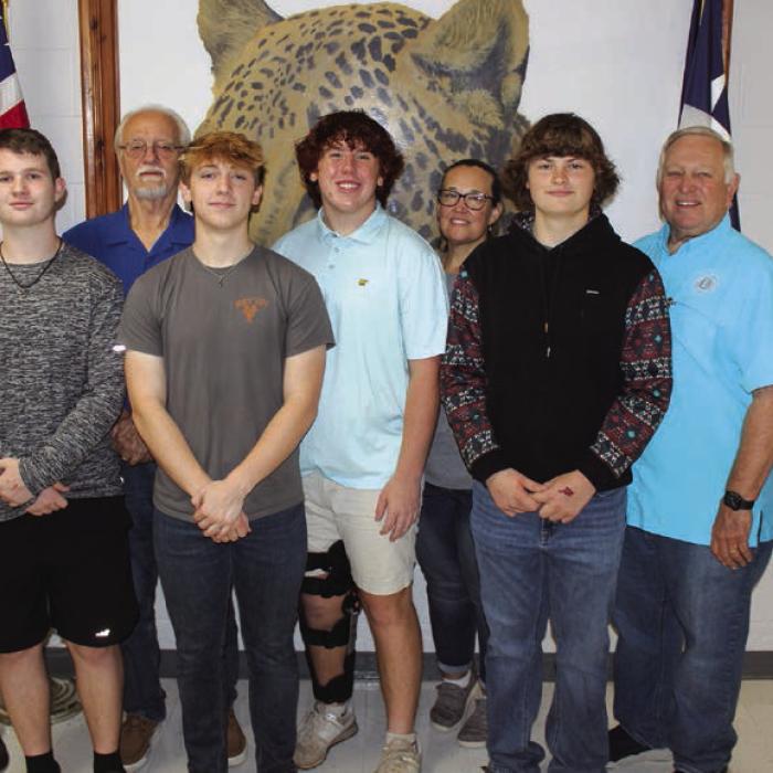 Left to right: John Battle, 2024 Texas Boys State Coordinator; Ely Glisson (sponsored by The Knights of Columbus, represented by Garry Schellberg); Jackson Bennett (sponsored by The Rotary Club); Camden Coltrain (sponsored by The La Grange Optimist Club, represented by Misty Touchet); Walker Finch (sponsored by The Noon Lions Club, represented by Mark Ulrich) and John D. Marburger, 2024 Texas Boys State Coordinator. Photo by Jeff Wick