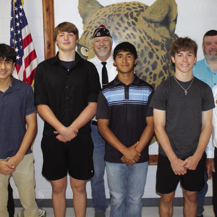 Left to right: John Battle, 2024 Texas Boys State Coordinator; Saige Walter, Dalton Landis and Alejandro Ramirez (all sponsored by The American Legion and VFW, represented by Richard Gray, standing behind the trio); Cordale Knapik (sponsored by The Masonic Lodge, represented by Andrew Gray); John D. Marburger, 2024 Texas Boys State Coordinator. Photo by Jeff Wick