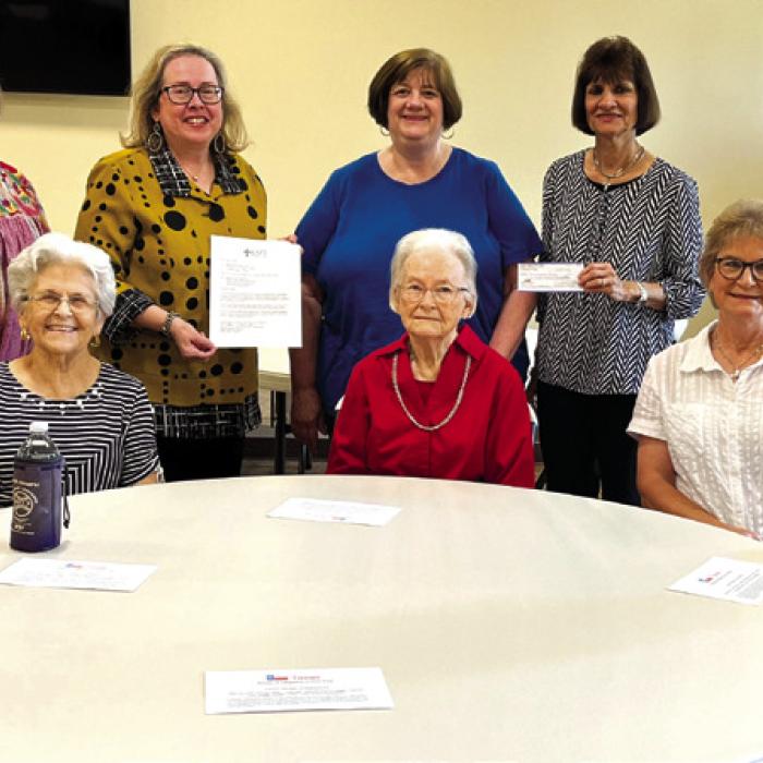 Donation to Sacred Heart School in La Grange by KJZT Society No. 31 was made May 15. Standing from left: Secretary Marilyn Kothmann, President Elizabeth Kallus, Sacred Heart School Principal La Donna Voelkel, and Treasurer Barbara Eilert. Seated from left: Pat Wagner, Barbara Brauner, Rose Recek, Vice President and District V State Director Joy Kovar, and Doris Lidiak.