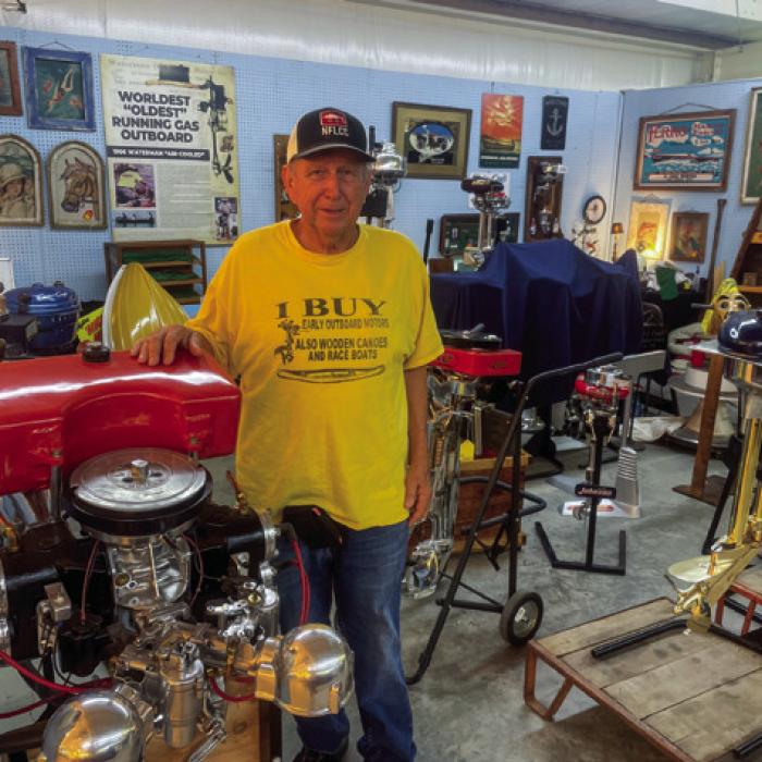 B.J. Pawlaczyk of Au Gres, Michigan, has one of the most interesting booths inside Cole’s. He sells antique outboard boat motors. Pawlaczyk said he’s looking for a new venue.