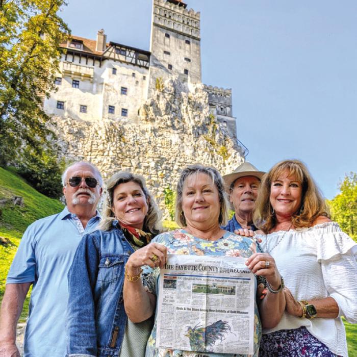 On a river cruise of the Danube, Charlie and Seri Davis and Frank and Linda Jones of La Grange and Alexis Rogers, of Houston, visited Transylvania, Romania. Behind them is the Bran Castle better known as Dracula’s Castle.