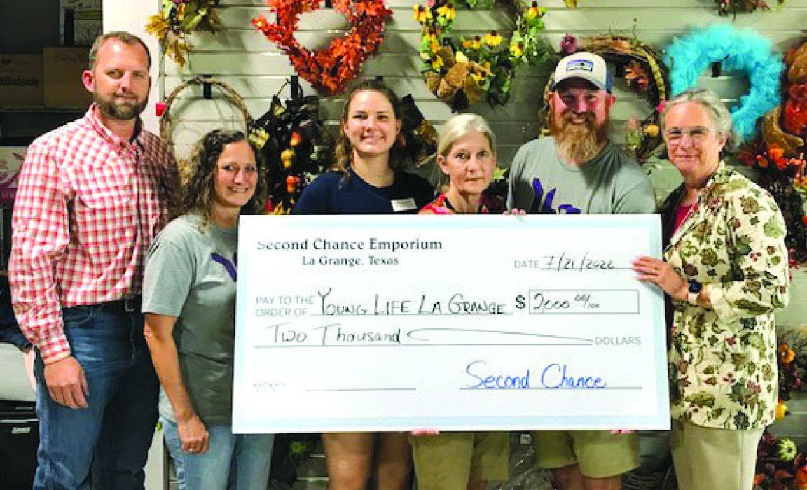 Second Chance Emporium recently donated $2,000 to Young Life of La Grange. Young Life’s mission is to introduce adolescents to religion and help them grow in their faith. Pictured from left to right: Kevin Ulrich, Young Life committee member; Laurie Krupala, Young Life donor chair; Julia Thomas, Second Chance Emporium asst. store director; Gayle Schielack, Second Chance Emporium store director; Tim Scarborough, Young Life Committee chair and Annette Cooper, Young Life committee member.