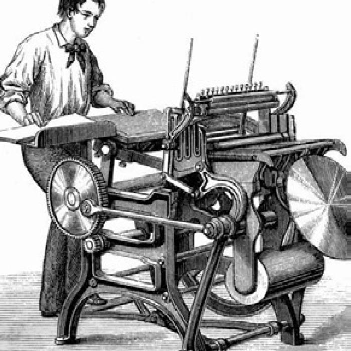 Engraving of a mid-1800s platen press.