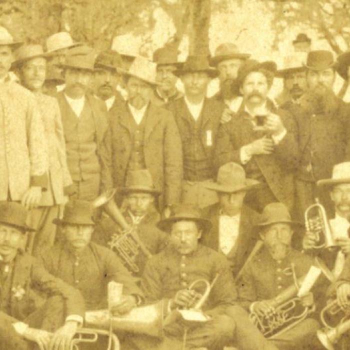 Members of the Bluff Schuetzenverein, a German Texas shooting club and social organization, pose for a photo at one of their many events in the late 1870s or early 1880s.