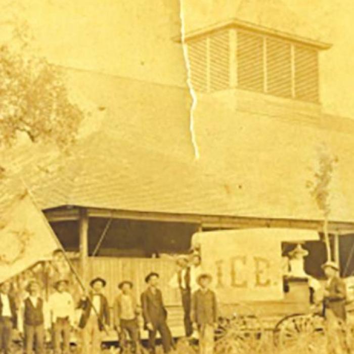 Members of the Bluff Schuetzenverein and the Kreische Family stand in front of the Bluff Schuetzenverein Pavilion which once stoon on the Bluff, c. 1870s-1928.