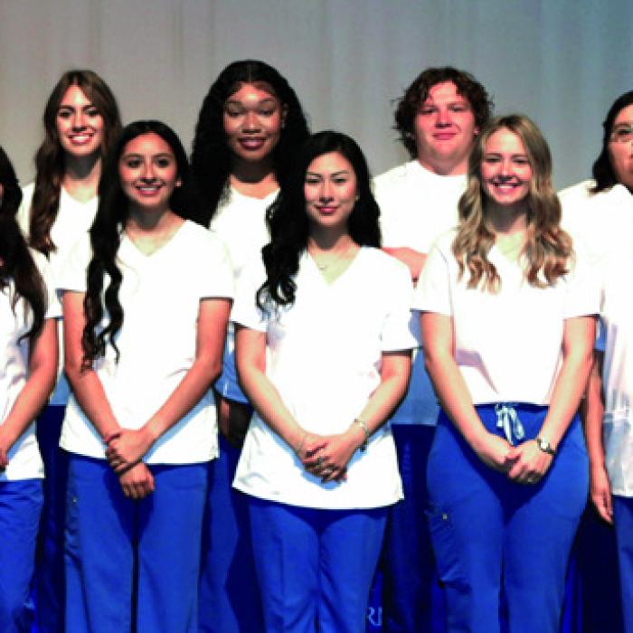 Seventeen graduates of the Blinn College District Vocational Nursing Program were honored at a pinning ceremony Thursday. Graduates are (front, from left) Brooke Olszewski, Emily Oldham, Alma Vergara, Wendy Orocio, Lauren Hernandez, Jaeden Kuck, Lola Warren, Emily Lewis, and Haley Wood; and (back, from left) Tatum Self, Skylar Buth, Holly Oldham, Sophia Willis, Chelsea Soanes, Hayden Splawn, Angela Lopez, and Breanna Fonseca.