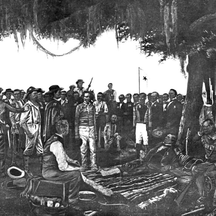 Joel Robison is pictured on a horse above and to the right of Santa Anna, who is standing at Houston’s feet, in this black and white reprint of William Henry Huddle’s painting, “Surrender of Santa Anna: The Day After the Battle of San Jacinto.” Provided to The Portal to Texas History by the Star of the Republic Museum.