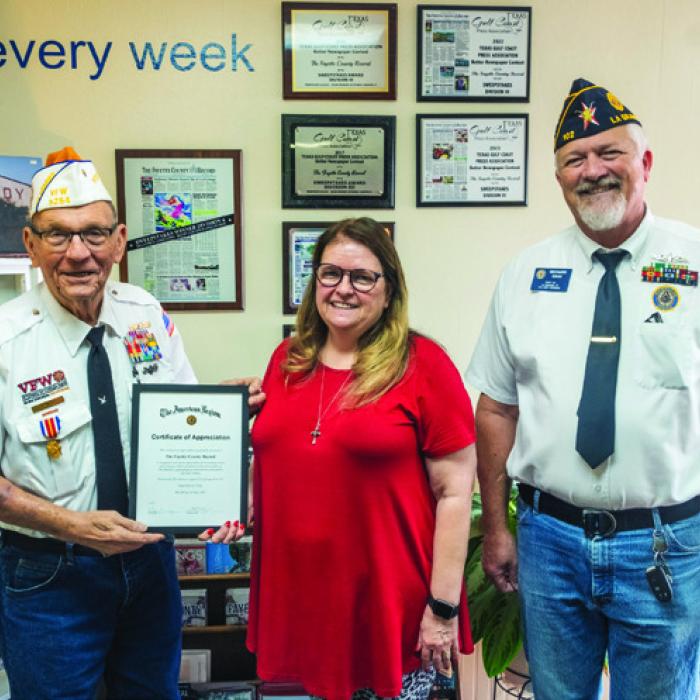 American Legion Post 102 of La Grange presented the Fayette County Record with a certificate of appreciation for service to American Legion programs and activities. Pictured are (from left) Post 102 Chaplain Dick Frenzel, Fayette County Record Publisher Regina Keilers and Post 102 Commander Richard Gray. Photo by Andy Behlen