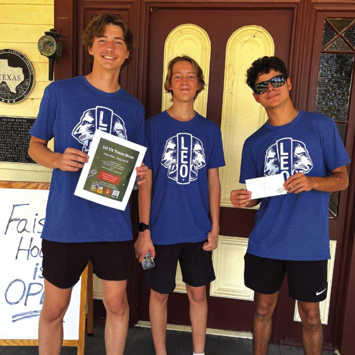 Congratulations to La Grange Leo Club winning team in last Saturday’s downtown scavenger hunt. Special thanks to Katy Beauford with the Faison Preservation Society, Charles Murray with the Texas Heroes Museum, and Gale Lincke with the MKT Railroad Depot and Museum for sponsoring this event for our youth to learn more about history. Pictured left to right Leo club President Deacon Wick and Leo Club members Maddox Wick and Grayson Hart