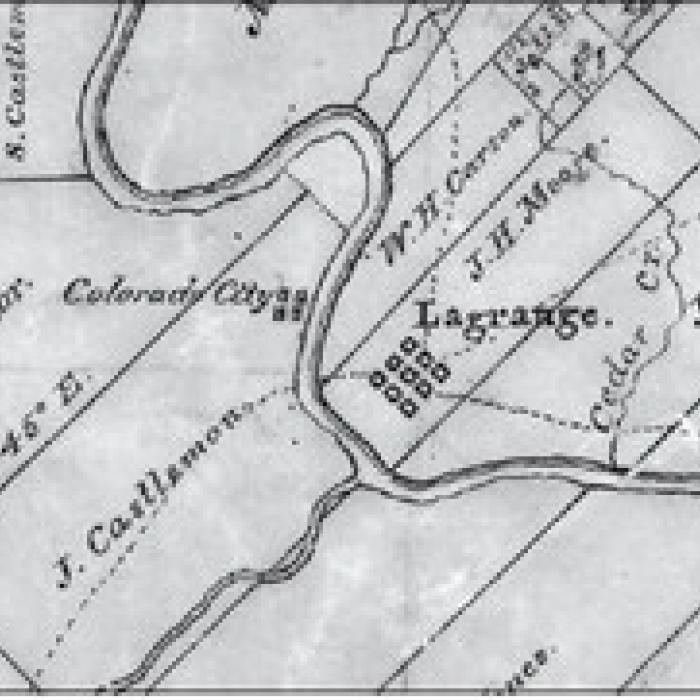 Detail showing the sites for both Colorado City and La Grange along the Colorado River on an 1840 map of Fayette County by W. H. Sandusky, Texas General Land Office draftsman.