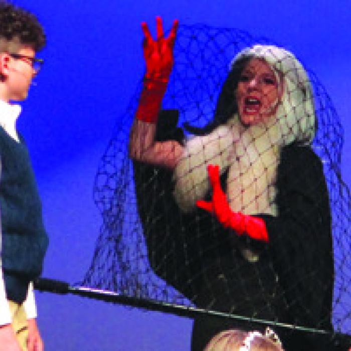 Cruella De Vil is captured by a giant net to bring the play to a happy conclusion.