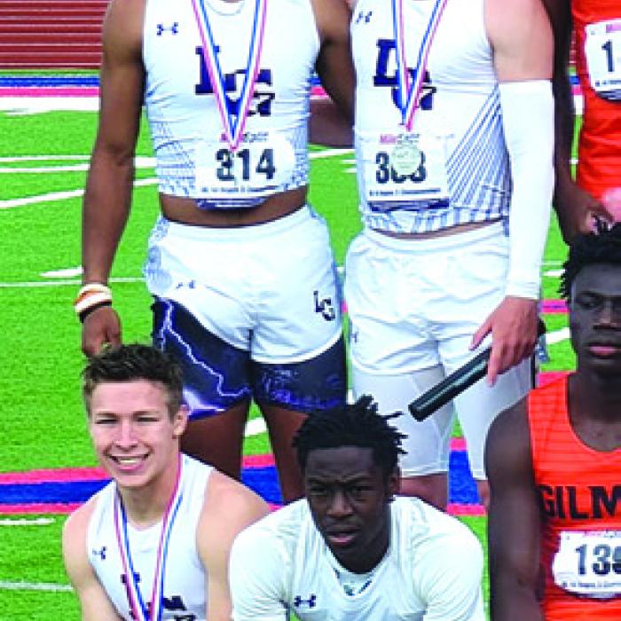 The La Grange 4x200 Relay team after their runner-up finish at regionals: clockwise from top, left: Jaden Williams, Austen Diggs, C.J. Davis and Clayton Knapik.