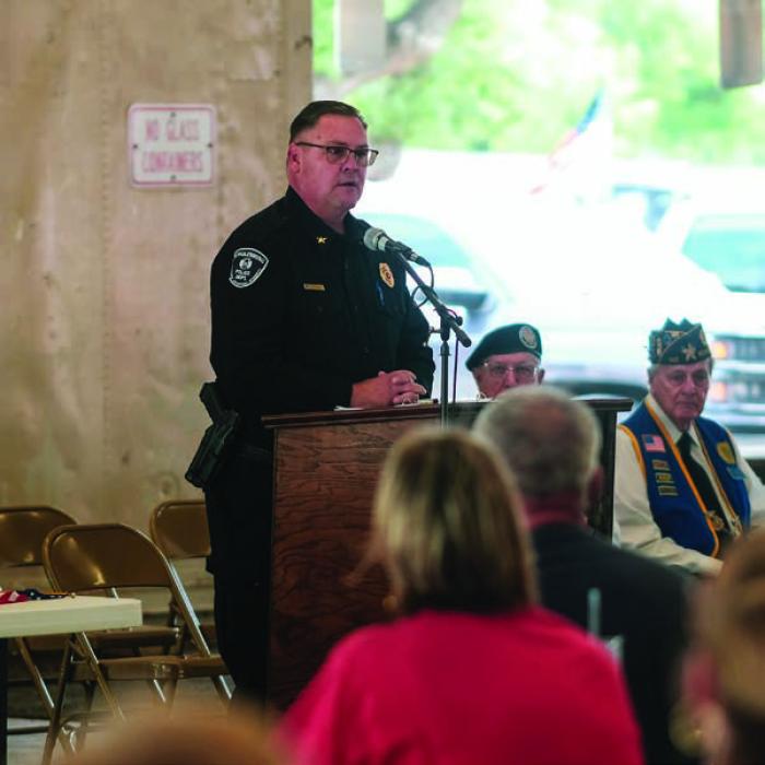 Schulenburg Police Chief Troy Brenek delivered the keynote speech at the Schulenburg Memorial Day service Monday. Photos by Andy Behlen