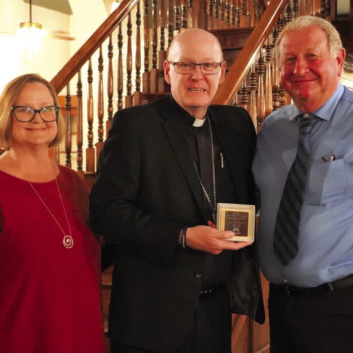 The Diocese of Victoria FIRST-Class Education Awards were held on Monday, Oct. 17 at The Hause Venue in Victoria. Our 2022 Distinguished Alumni Carol Hartensteiner was honored. Bishop Brendan Cahill presented the award to her husband Clarence Hartensteiner. May her soul, and all the souls of the faithful departed, Rest in Peace.