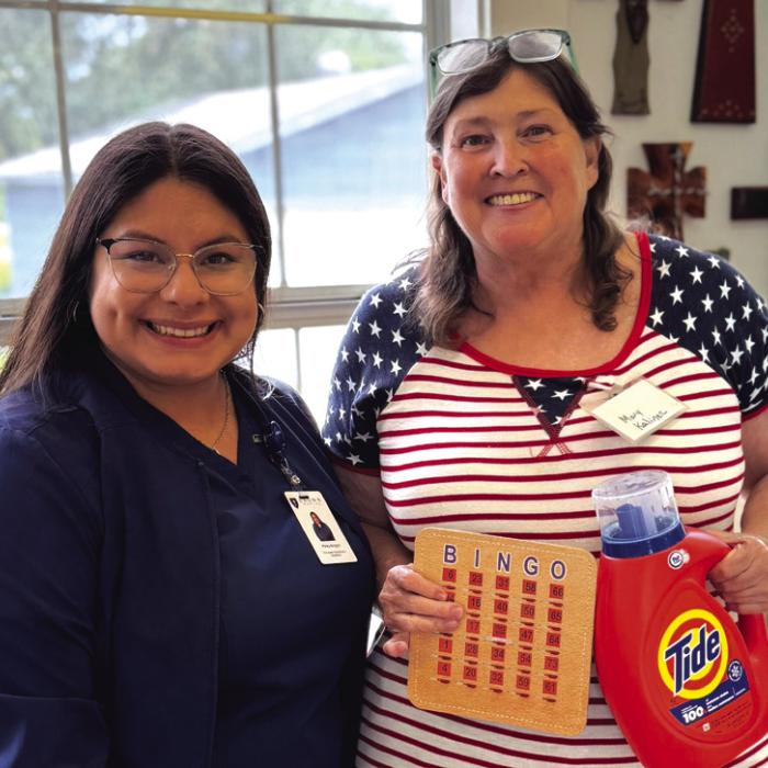 Haylee with Crown Hospice was our bingo caller in Flatonia, and she is pictured here with Mary Kalinec with her blackout prize. Mary also brought desserts for the day and baked cookies for us to share with our speakers and bingo callers.