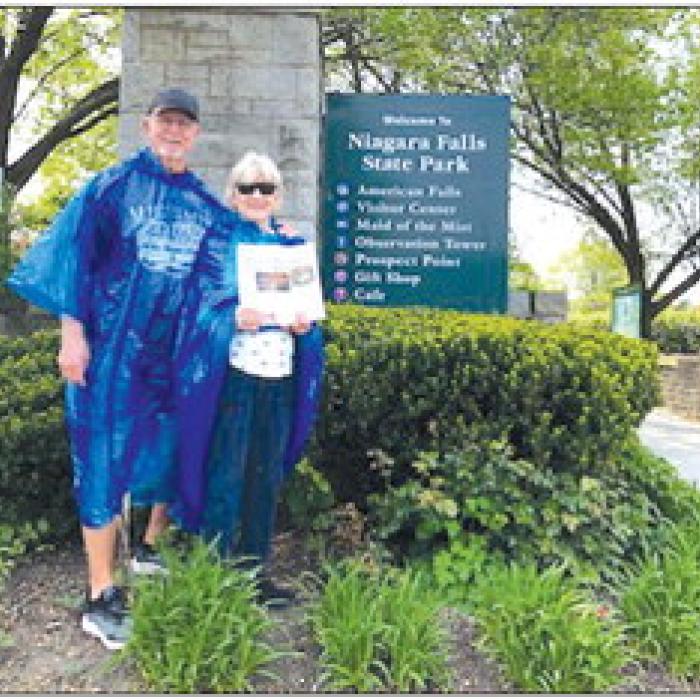 The Fayette County Record recently traveled with Marianne and Dickie Muehr on their trip and tour of Niagara Falls. This picture shows them wearing their Parkas and drenched after their boat ride on the Maid of the Mist.