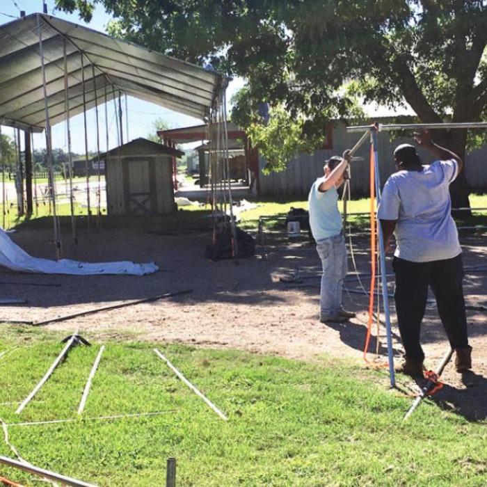 Folks were setting up tents for the antiques shows in Warrenton Wednesday morning. Photo by H.H. Howze